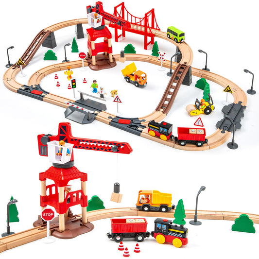 86pcs Wooden Train Set with Crane Wooden Train Track Set Railway Kits Fits Thomas Brio IKEA Melissa and Doug Christmas Train Toys for Kids & Toddlers 3-5 Years Old Boys and Girls