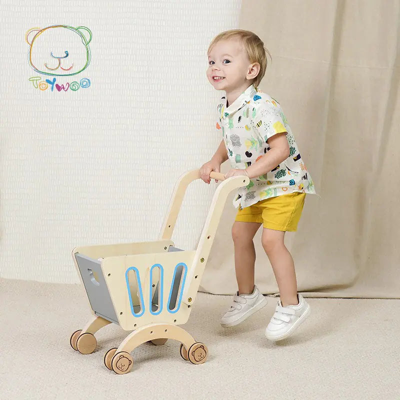 Wooden Bear Shopping Cart with Play Vegetables Toy