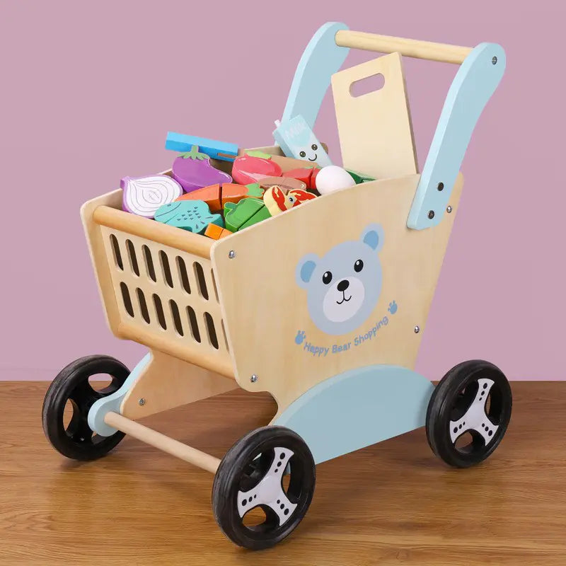 Wooden Bear Shopping Cart with Play Vegetables Toy