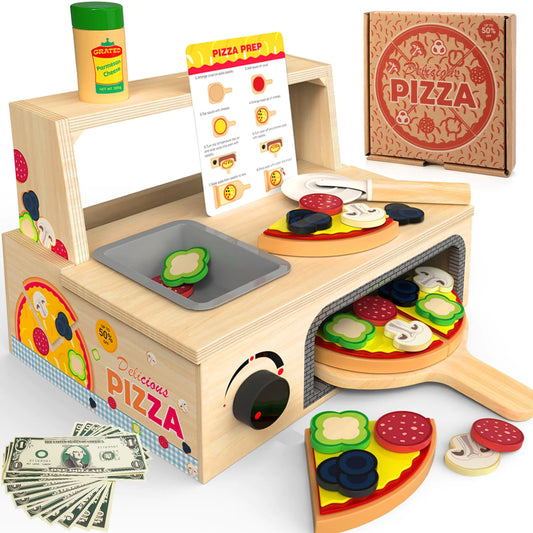 Montessori Wooden Pizza Set - 48 PCS Play Food Toy for Kids 3+