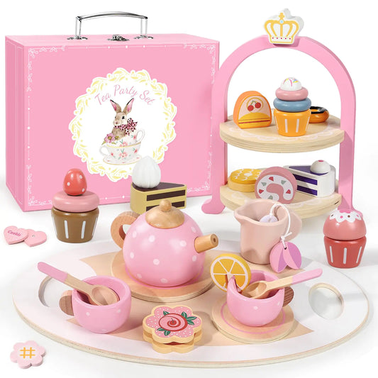 Wooden Tea Party Set for Little Girls Toddler Girl Gifts Princess Tea Time Toys Wooden Tea Set Tray Cake Dessert Kids Kitchen Pretend Play Birthday for Girls Age 2-5 Years Old
