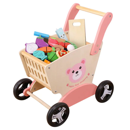 Wooden Bear Shopping Cart with Play Vegetables Toy